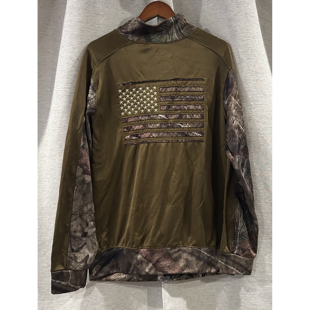 Mossy Oak Jacket Mens‎ L Camouflage Full Zip Light Performance Fleece USA Flag